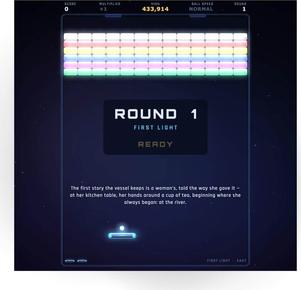 Round 1 — First Light: the opening wall of memories, and the first line of her story