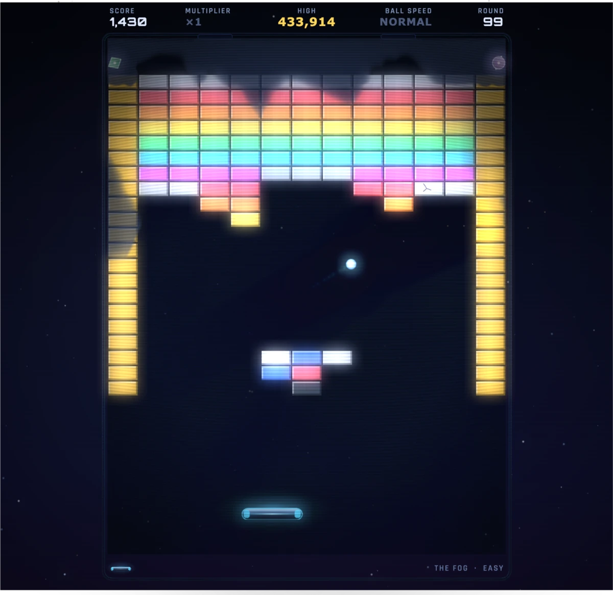 Round 99 — inside the Starlight cabinet: 1986 arcade bricks on a CRT, the Fog eating the board